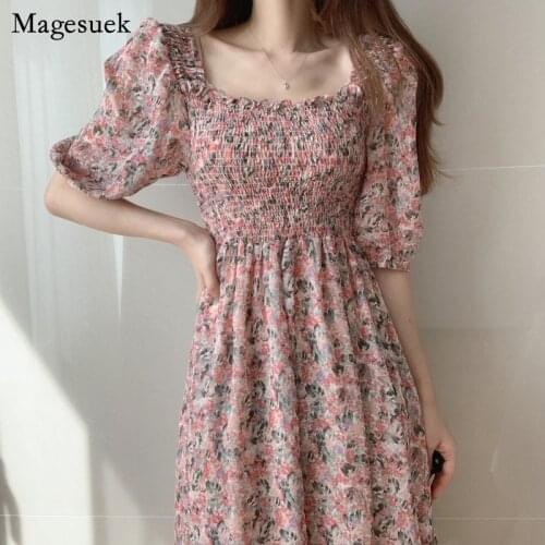 Elegant Floral Square Neck Summer Dress Casual Chiffon Bubble Sleeve Party Dress High Waist Long Dress for Women Vestidos 13853