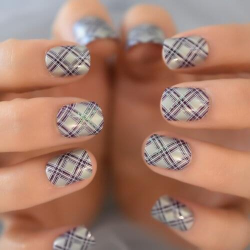 Grey Short Press On Fake Nails Short Purple Lattice Designed Fingernail Tips Full Unique Acrylic False Nail