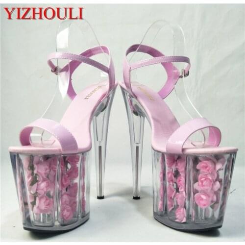 Noble 2019 pink rose decoration platform, transparent sandals, 20cm high heels party shoes, beautiful bride wedding sandals