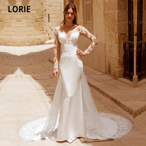LORIE Glitter Wedding Dresses Boho Mermaid O-Neck Lace Long Sleeves Stretchy Chiffon White Country Bridal Gown suknia ślubna