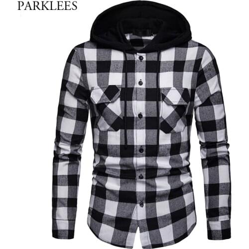 Black White Plaid Hooded Shirt Men 2019 New Slim Fit Long Sleeve Men Hoodie Shirt Hipster Streetwear Shirts With Double Pockets