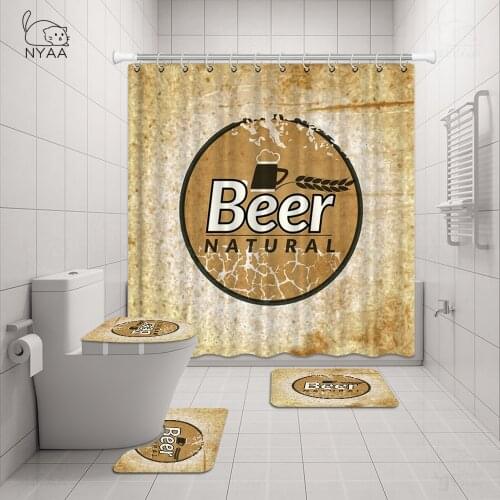 Black And White Beer Print Shower Curtain Set Waterproof Women Bathing Bathroom Pedestal Rug Lid Carpet Toilet Cover