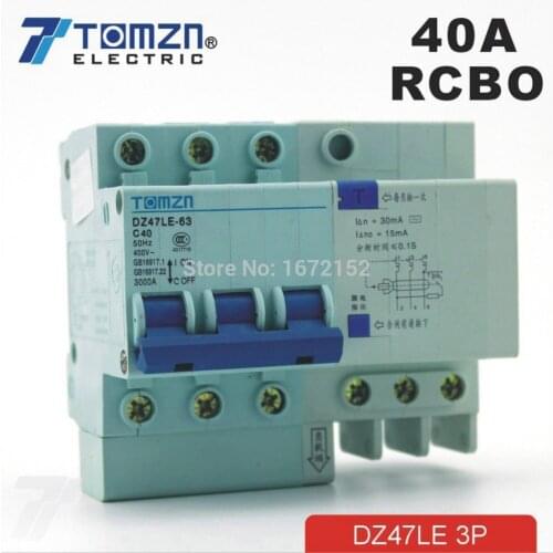 DZ47LE 3P 40A 400V~ 50HZ/60HZ Residual current Circuit breaker with over current and Leakage protection RCBO