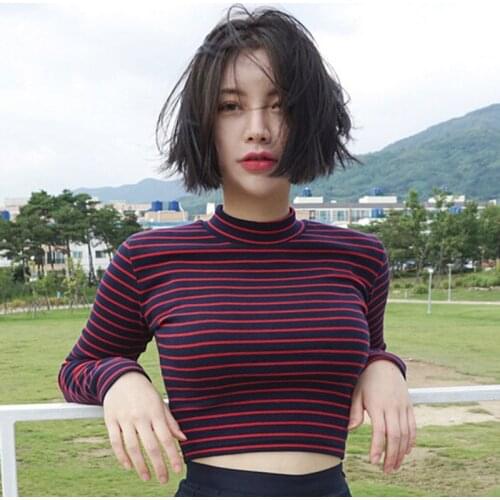 Korean Style Long Sleeve T Shirts Womens Fashion Harajuku Striped Slim Cropped Top Tee Shirt