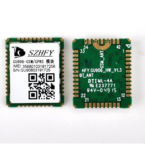 GU906 supports the GSM standard quad-band wireless Bluetooth module covering 850/900/1800 / 1900MHZ size 19mm*16mm*2.9