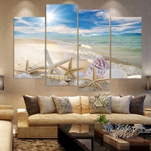 HD Wall Modern Canvas Printed Art Framework Pictures 4 Pieces Sand Beach Shell Starfish Seascape Paintings Home Decor Posters