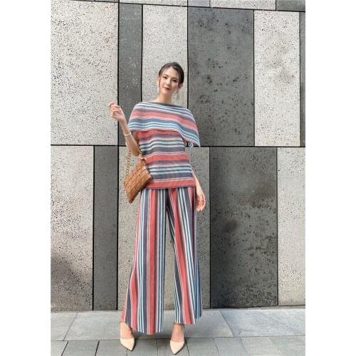 HOT SELLING Fashionable stripe short sleeve fold T-shirt + straight Wide leg pants siut IN STOCK
