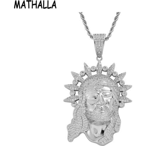 MATHALLA Newest Hip Hop Jesus Head Pendant with Cubic Zirconia White Gold Plated Iced Out CZ Religious Jewelry for Men