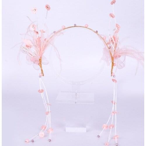 Sweet Long Hair Jewelry Pink Flower Headband Wedding Hair Ornaments Headband Bride Headdress Tassel Bridal Wedding Hair Deco
