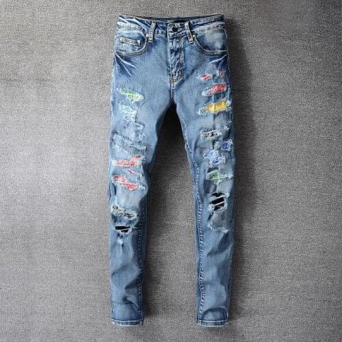 High Quality Ripped Hole Blue Jean Men Hip Hop Desginer Color spijkerbroeken heren Brand Patch Jean Pant Streetwear graphic jean