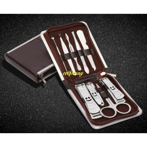 60sets/lot 9pcs Nail Clipper Cutter Kit Pedicure Scissor Tweezer Earpick Utility Manicure Tools With leather zipper case