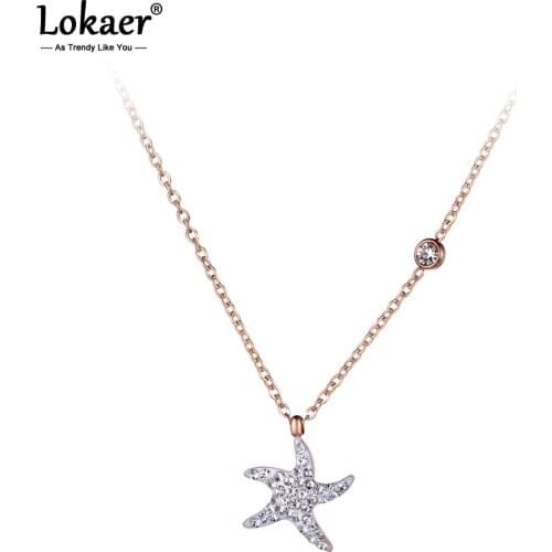 Lokaer Trendy CZ Rhinestone Clay Chokers Necklaces For Women Girls Rose Gold Stainless Steel Starfish Pendant Jewelry N19026