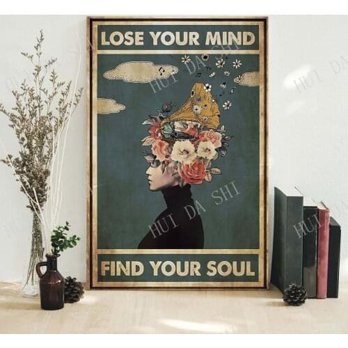 Music Poster - Lose Your Mind Find Your Soul Poster, Vinyl poster, Girl Drink Wine Wall Print, Music lover