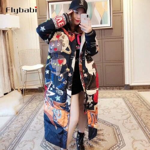 White duck down full sleeve Bohemian Cartoon Down Coats 2018 Latest Winter New Arrival Elegant Fashion Warm Long Coat Women