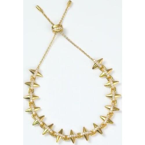 SOELLE Fashion Punk Rock 925 Sterling Silver Yellow Gold Color Spike Rivet Bracelet Paved Cubic Zirconia Women Gothic Jewelry