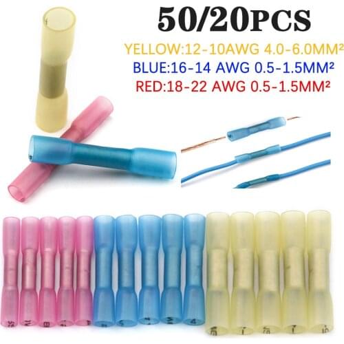50/20/10pcs Heat Shrink Butt Wire Connector Waterproof Insulated Automobile Cable Terminals wire Crimp Connector AWG 22-10
