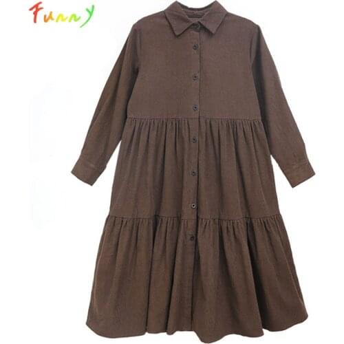 6 to 16 Years Kids & Teenager Girls Ruffle Corduroy Midi Dress Long Sleeve Buttoned Shirt Dresses for Girl Autumn Winter Clothes