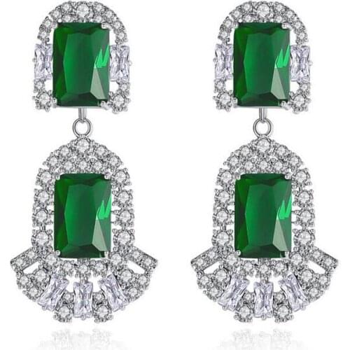 Green Square Crystal Drop Earrings Elegant Women Rhinestone Dangle Earrings For Wedding Party Jewelry Luxury Zircon Earrings New