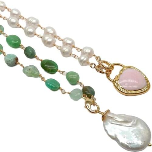 YYGEM White Pear Freshwater Pearl Green Chrysoprase Pink Queen Conch Heart Pearl Charm Wrap Necklace 19"