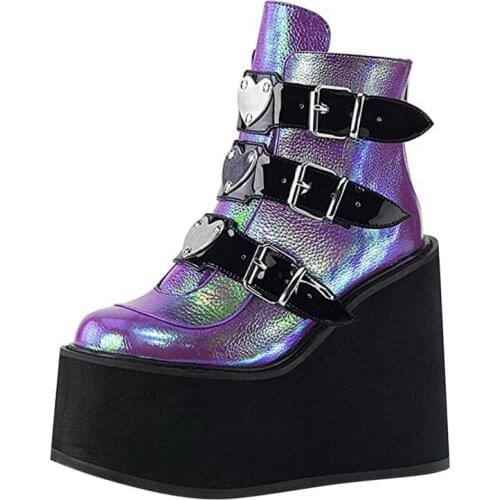 2020 Metal Buckle Ankel Boots for Women Black White Punk Female Platform Boots Wedges High Heels Botas Boots