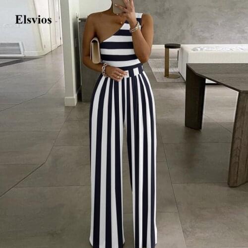 Elegant Office Lady Wide Leg Jumpsuit Sexy Off Shoulder Women Rompers Bodysuit Summer Fashion Striped Printed Overalls Playsuits