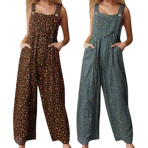 Women Traf Loose Style Jumpsuit Floral Printed Pattern U-shaped Collar Sleeveless Overalls Brown/ Army Green