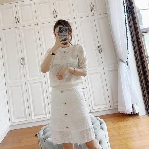 Ice Silk Knitted Thin Cool Summer Women Skirt Two Pieces Sets Sexy Half Hollow Out Tops A Line Buttons Grid Elegant Skirt Sets