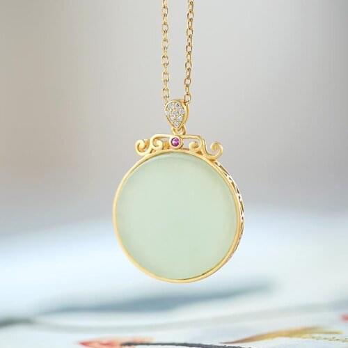 Natural Hotian Jade Pendant Simple Elegant Gray Jade round Lucky Pendant Ethnic Style Retro Sterling Silver Necklace for Women