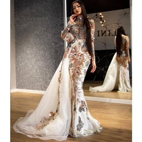 2021 Arabic White Mermaid Prom Dresses With Detachable Train Luxury Beading Sequined Women Plus Size Formal Evening Gowns