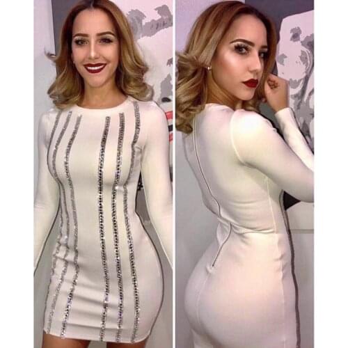 White Long Sleeve Elastic Rayon Bandage Warm Party Dresses Vestidos Sexy Mini Pencil Club Bodycon Bandage Dress Beading
