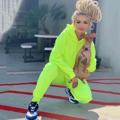 BKLD 2019 Autumn Two Pieces Set Hooded Tops Two Piece Set High Waist Pants Women Tracksuit Neon Clothes Women Outfits Sweatsuit