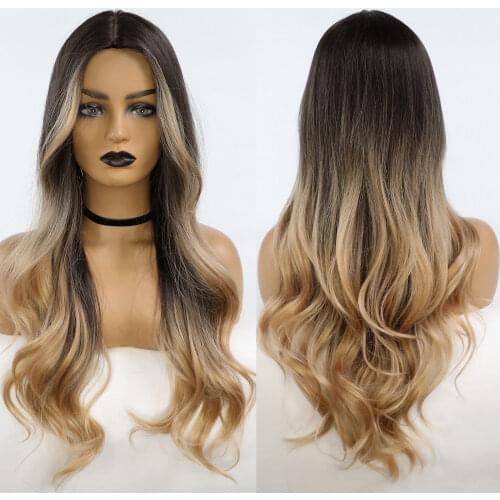 Ombre Black Brown Synthetic Wigs Middle Part Long Body Wave Wigs for Women Natural Cosplay Party Daily Use Heat Resistant Fiber
