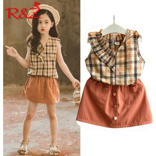 R&Z childrens suit 2019 summer new girls fashion cotton and linen suit sleeveless plaid shirt short skirt two-piece suit