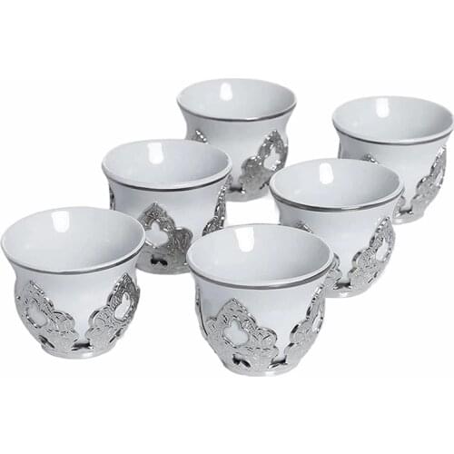 Arabic Turkish Greek Coffee Mirra Porcelain Cups with Holders Kava Gava Set For 6 Person Silver Gift Birthday Made in Turkey