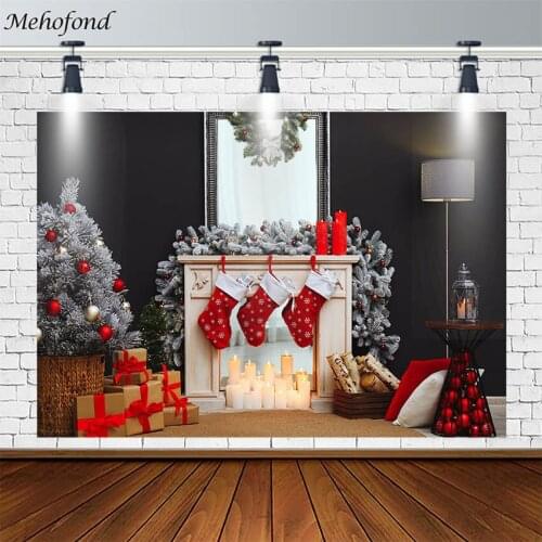 Merry Christmas Tree Backdrop Fireplace Candle Gift Socks Garland Kid Photography Background Photo Studio Photophone Decor Props