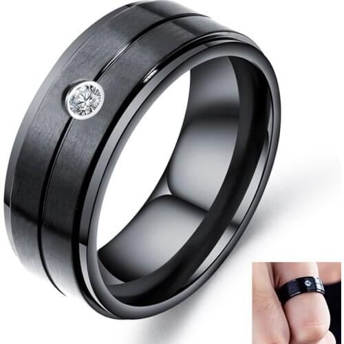 8mm Fashion Groove Whiter Cubic Zirconia unisex Rings black Stainless Steel anniversary gift Jewelry Bands