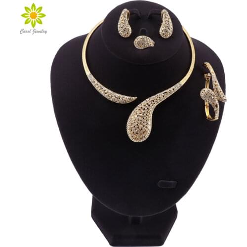 Gold Color Jewelry Set Water Drop Pendant Dubai Costume Jewelry African Simple Elegant Necklace Earring Bracelet Ring Set