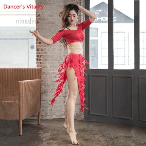 Belly Dance Suit Sequins Short Sleeve Top Split Tassel Skirt Performance Clothes Set Female Temperament Competition Clothing
