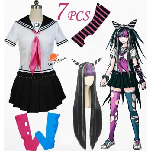 Anime Danganronpa 2 Ibuki Mioda Cosplay Costumes Long Horns Wig JK Uniform Skirt Socks Tie Gloves Set Halloween Girls Women Gift