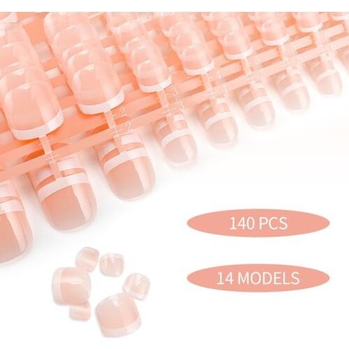 Summer Nude Nature French Full Cover False Nails Classic French Square Toes Nails DIY Manicure 140pcs Exquisite Feet Decorate
