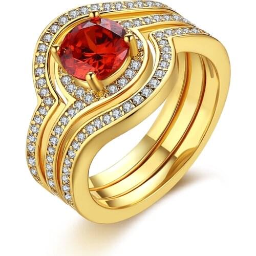 Seanlov Gold-color Ring Set Red Cz Paved White Zircon Cut Modern Design Rings Jewelry Purple Crystal White gold-color Rings Sets