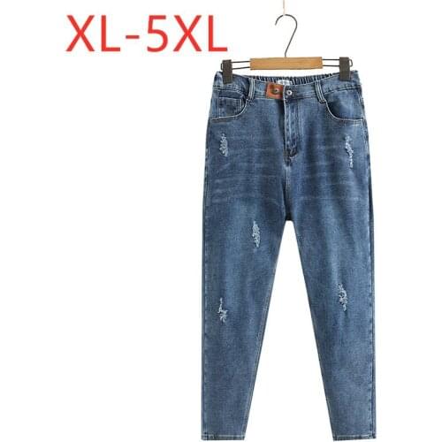 New 2021 Ladies Spring Summer Plus Size Long Jeans For Women Large Slim Elastic Cotton Blue Hole Denim Trousers 3XL 4XL 5XL