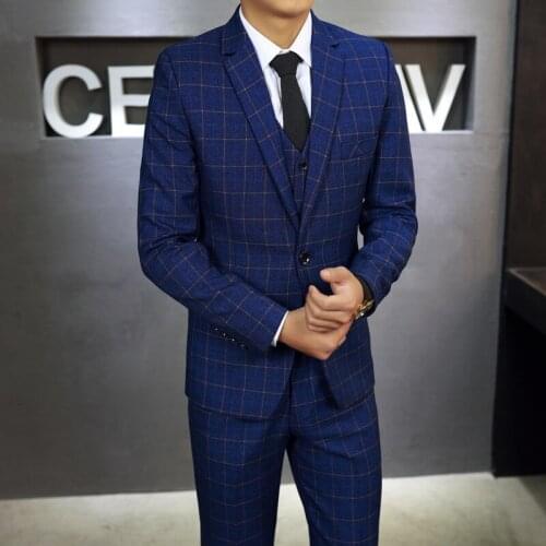 New Design One Button Blue chequer Groom Tuxedos Notch Lapel Groomsmen Mens Wedding Prom Suits (Jacket+Pants+Vest+Tie) NO:30
