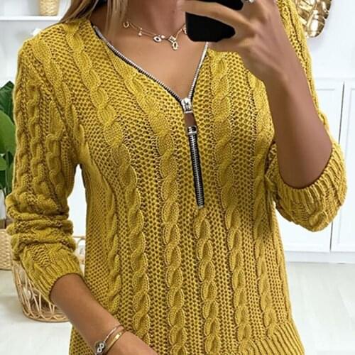 Knitted Twist V-neck Zipper Pullover Womens Fashion Solid Color Large Size Casual Sweater Acrylic Long Sleeve Tops 2021 New
