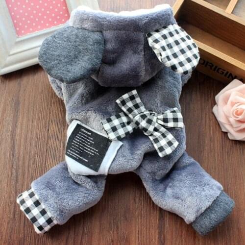 Cute Warm Dog Pet Flannel Jumpsuit Coat Dog Clothes Plaid&Bow Winter Hoodie Jacket for Dogs Cats Four-legged Hoodie XS S M L XL