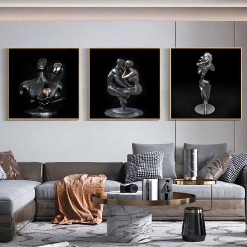 Modern Metal Figure Sculpture Art Prints Painting on Canvas Romantic Posters Wall Art Black Picture for Living Room Home Decor
