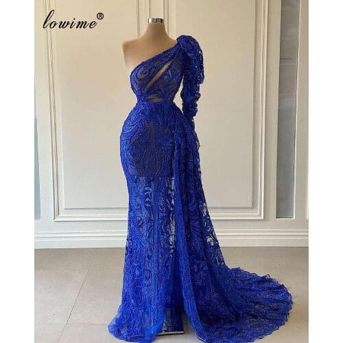 Royal Blue Beading Evening Dresses Long Arabic One Shoulder Prom Dress Plus Size Celebrity Dresses For Women Abiti Da Cerimonia