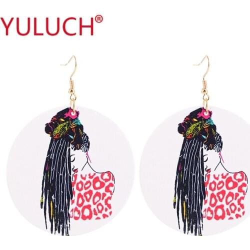 YULUCH 2018 Popular Natural Wood Painted Printing Sweet Fashion Long Hair Girl Round Pendant Earrings Jewelry Holiday Gift