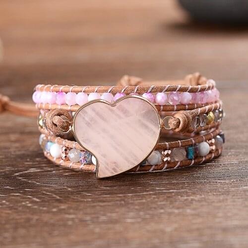 Faceted Pink Stones Heart Love Bracelets Leather Wrap Handmade Beaded Female Bangles