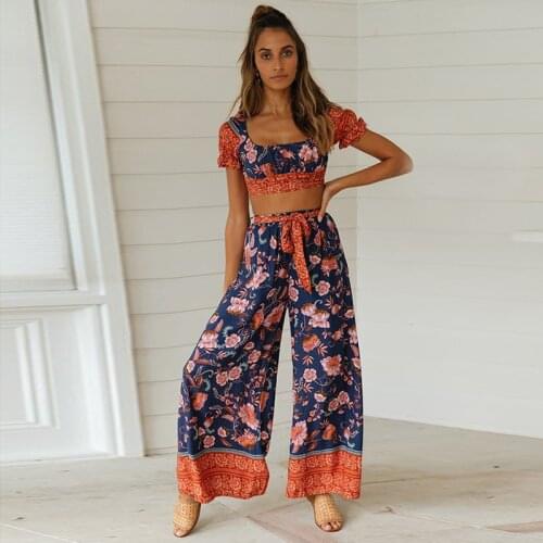 2020 Womens Fashion Outfits Short Sleeve Printing Boho Two Pieces Sets Bohemian Spring Chic 2 Piece Set Casual Trousers Suit